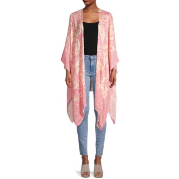 Saachi Woodblock Print Kimono Pink White One Size Cover Up Feminine - Picture 1 of 3